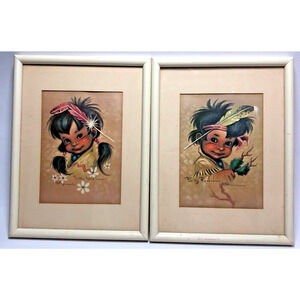 Set 2 Native American Children Prints by Monteague 1950s Framed Matted 13" x 10"